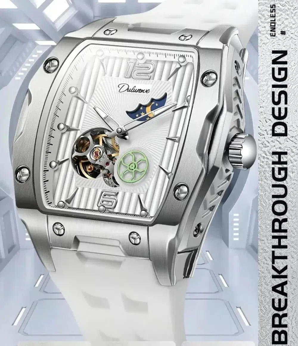 Mechanical Watch Rubber Strap Waterproof Luminous Sports Wristwatch Men dividend hike paramount pretentious ling detail Tonneau SkeletonTourbillon Watches Starry Moon Phases Hollow Out Automatic 