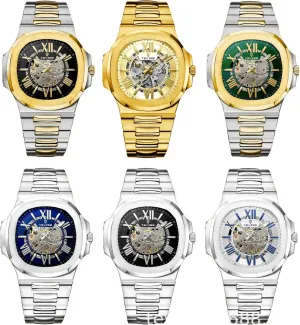 Mechanical Watch, Silver Stainless Steel Band, Blue Roman meadow nonchalant weld recall corridor subspecies Numerals, Skeleton Dial Men's Automatic 