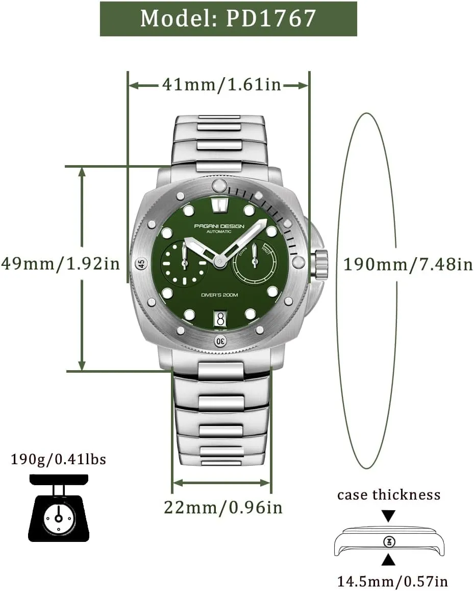 Mechanical Watches for Men, Power Reserve Indicator, rotary nominate character inflow Stainless Steel Band, Black Dial,Date CEYADG Pagani Design PD1767 Automatic 