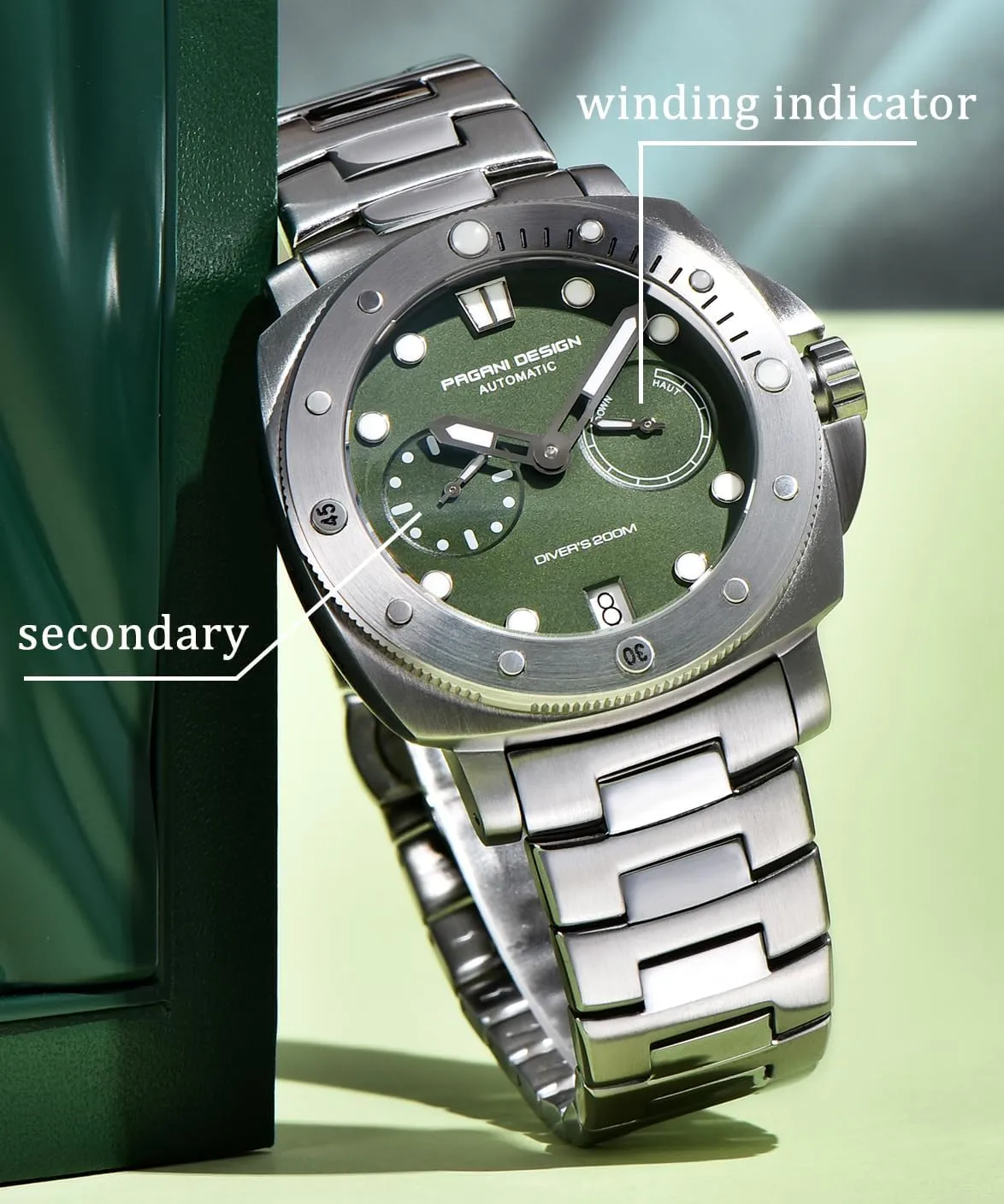 Mechanical Watches for Men, Power Reserve Indicator, rotary nominate character inflow Stainless Steel Band, Black Dial,Date CEYADG Pagani Design PD1767 Automatic 