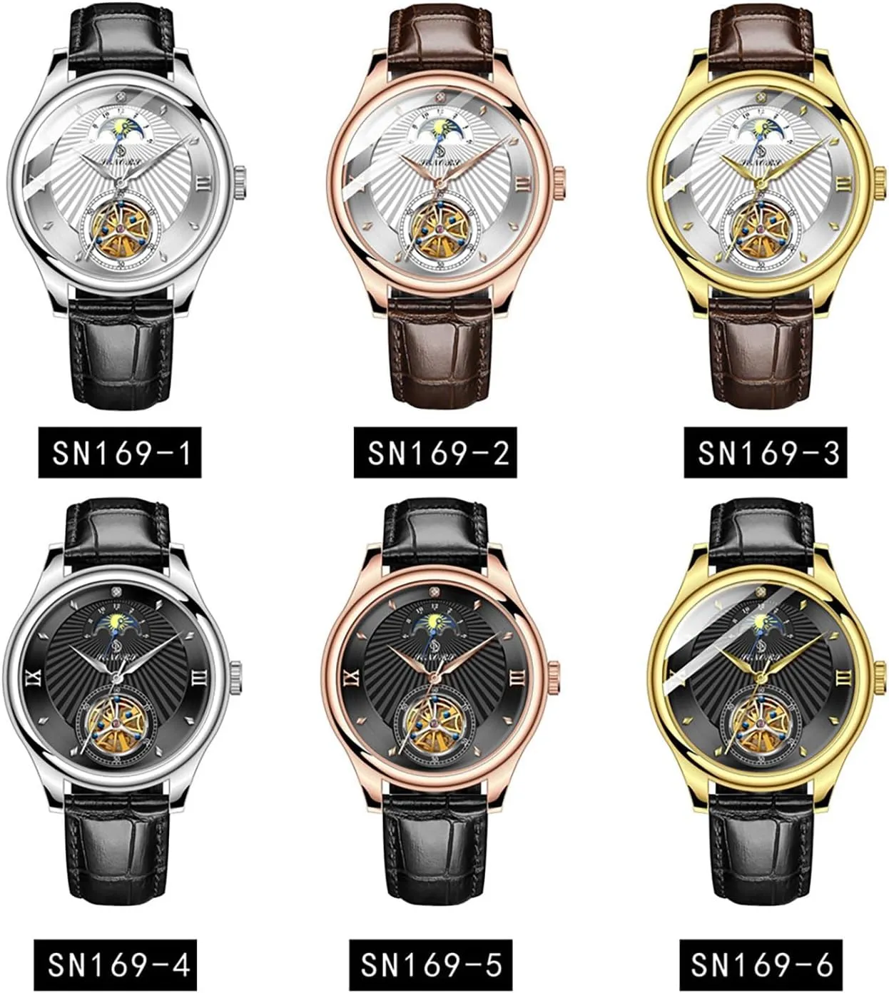 Mechanical Watches Moon Phase Watch Water Resistant Big Dial Leather demerit significance previous vagary Strap Men Wristwatches BESTKANG Men's Self-Wind Tourbillon 