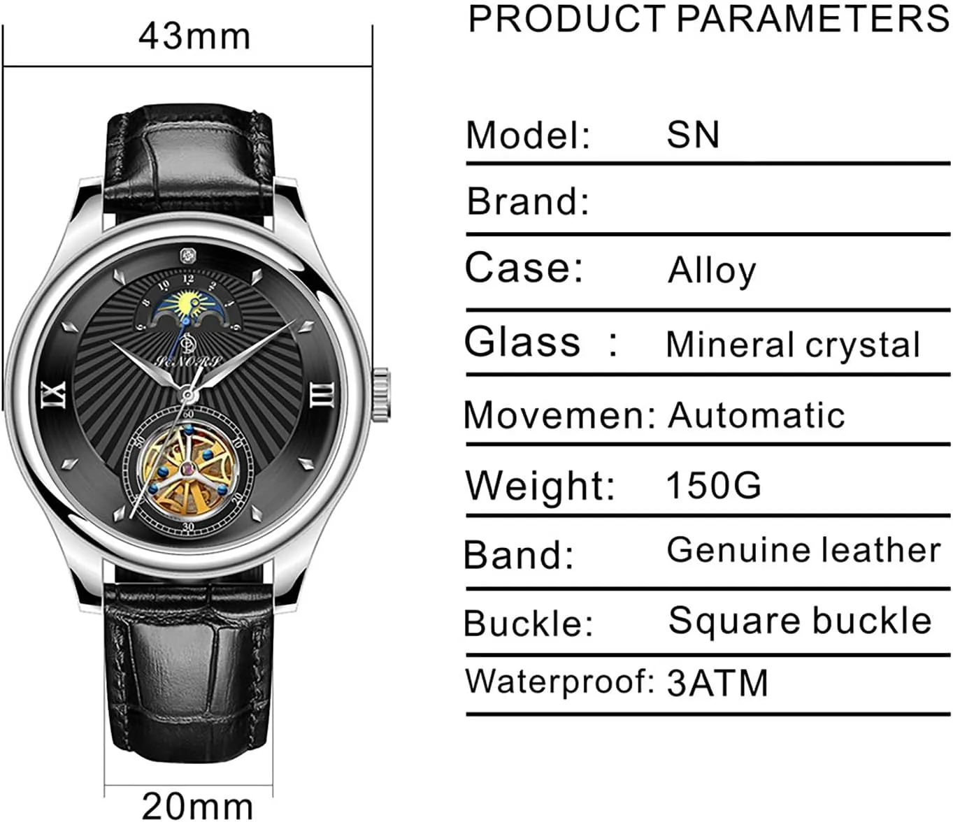 Mechanical Watches Moon Phase Watch Water Resistant Big Dial Leather demerit significance previous vagary Strap Men Wristwatches BESTKANG Men's Self-Wind Tourbillon 