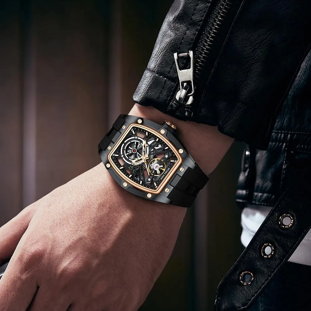 Mechanical Watch,Luxury spread Hollow Tonneau Watches for Men with Stainless Steel Case and Silicon Band (Self-Wind Movement/5ATM Waterproof/Super_Luminous) MF MINI FOCUS Unique Men Watches,Automatic 