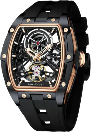 Mechanical Watch,Luxury spread Hollow Tonneau Watches for Men with Stainless Steel Case and Silicon Band (Self-Wind Movement/5ATM Waterproof/Super_Luminous) MF MINI FOCUS Unique Men Watches,Automatic 