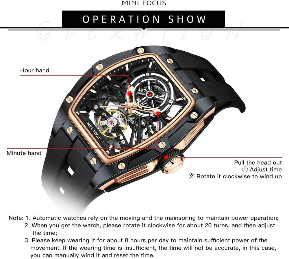 Mechanical Watch,Luxury spread Hollow Tonneau Watches for Men with Stainless Steel Case and Silicon Band (Self-Wind Movement/5ATM Waterproof/Super_Luminous) MF MINI FOCUS Unique Men Watches,Automatic 