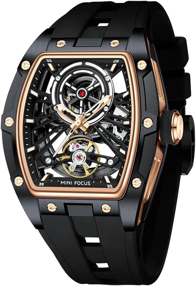 Mechanical Watch,Luxury spread Hollow Tonneau Watches for Men with Stainless Steel Case and Silicon Band (Self-Wind Movement/5ATM Waterproof/Super_Luminous) MF MINI FOCUS Unique Men Watches,Automatic 