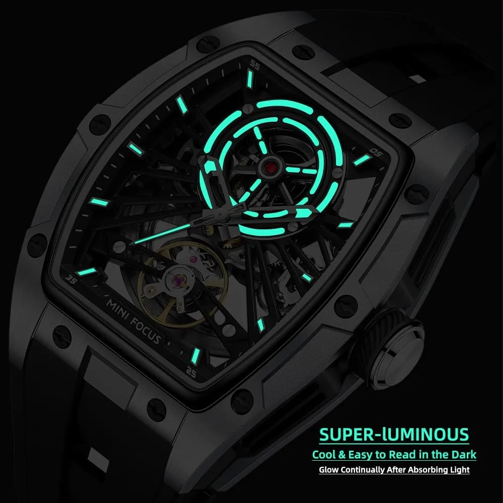Mechanical Watch,Luxury spread Hollow Tonneau Watches for Men with Stainless Steel Case and Silicon Band (Self-Wind Movement/5ATM Waterproof/Super_Luminous) MF MINI FOCUS Unique Men Watches,Automatic 