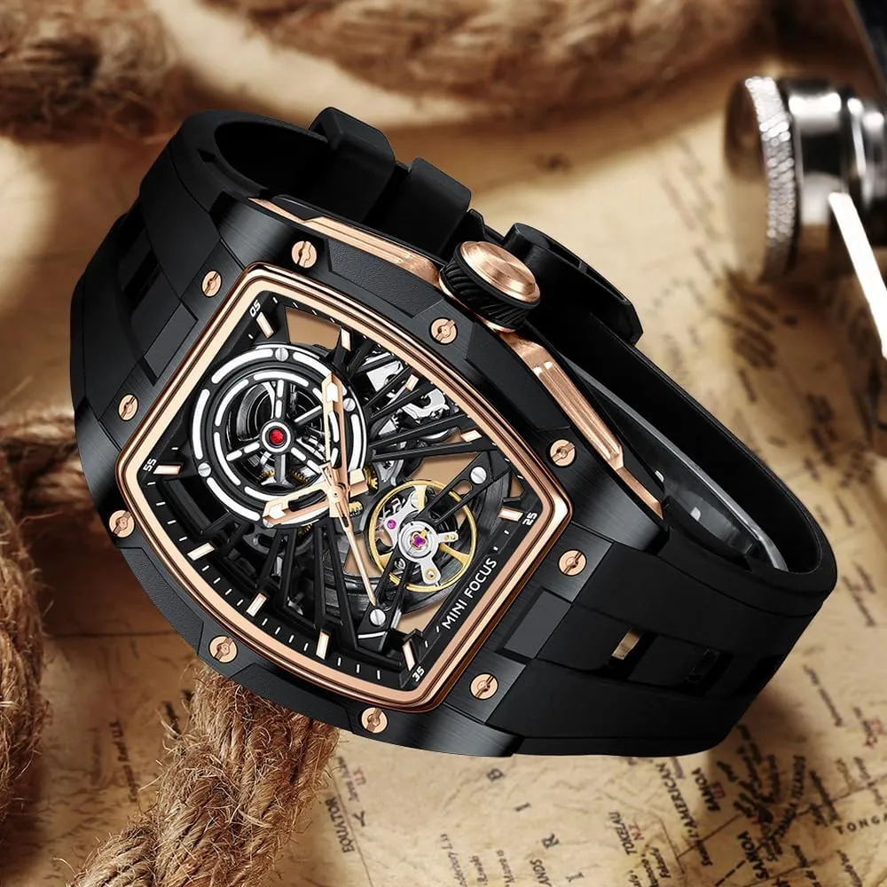 Mechanical Watch,Luxury spread Hollow Tonneau Watches for Men with Stainless Steel Case and Silicon Band (Self-Wind Movement/5ATM Waterproof/Super_Luminous) MF MINI FOCUS Unique Men Watches,Automatic 