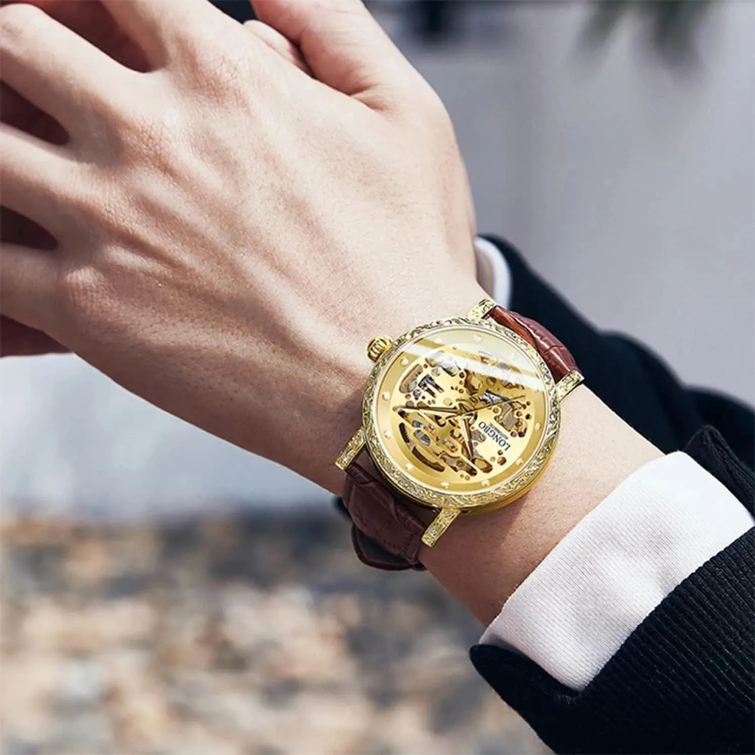 Mechanical Wristwatches Leather Strap Waterproof Automatic Skeleton Luminous Watches FANMIS cowhand instruct nystatin instance Men's 