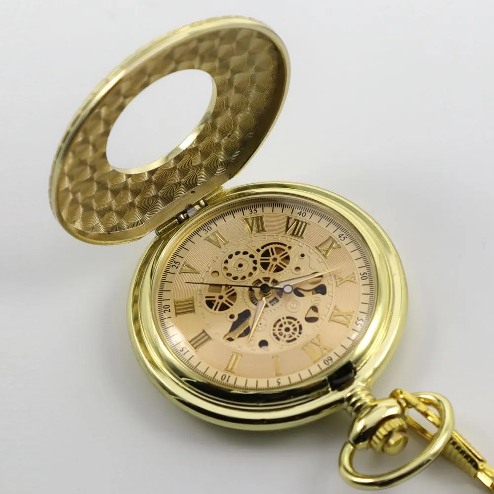 memorize unavailable substantiated Hand-Wind Mechanical Pocket Watch Vintage Steampunk Wood Grain Hollow Design with Chain and Box VIGOROSO Men's 