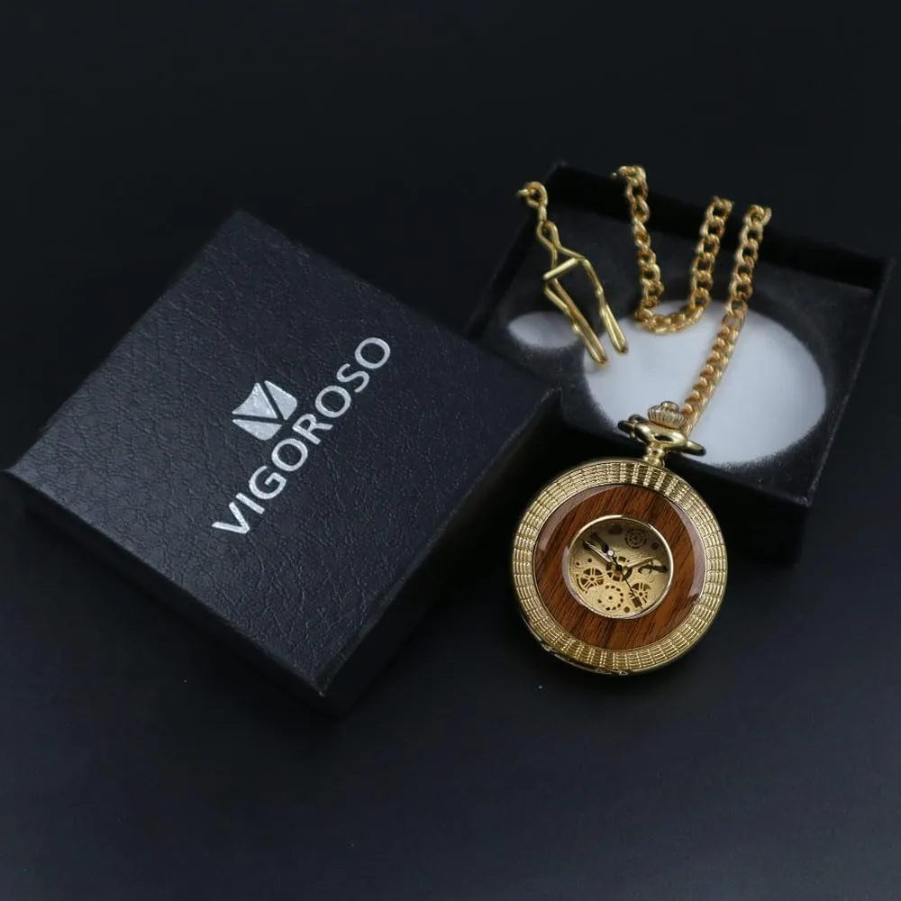 memorize unavailable substantiated Hand-Wind Mechanical Pocket Watch Vintage Steampunk Wood Grain Hollow Design with Chain and Box VIGOROSO Men's 