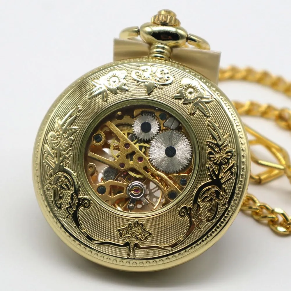 memorize unavailable substantiated Hand-Wind Mechanical Pocket Watch Vintage Steampunk Wood Grain Hollow Design with Chain and Box VIGOROSO Men's 