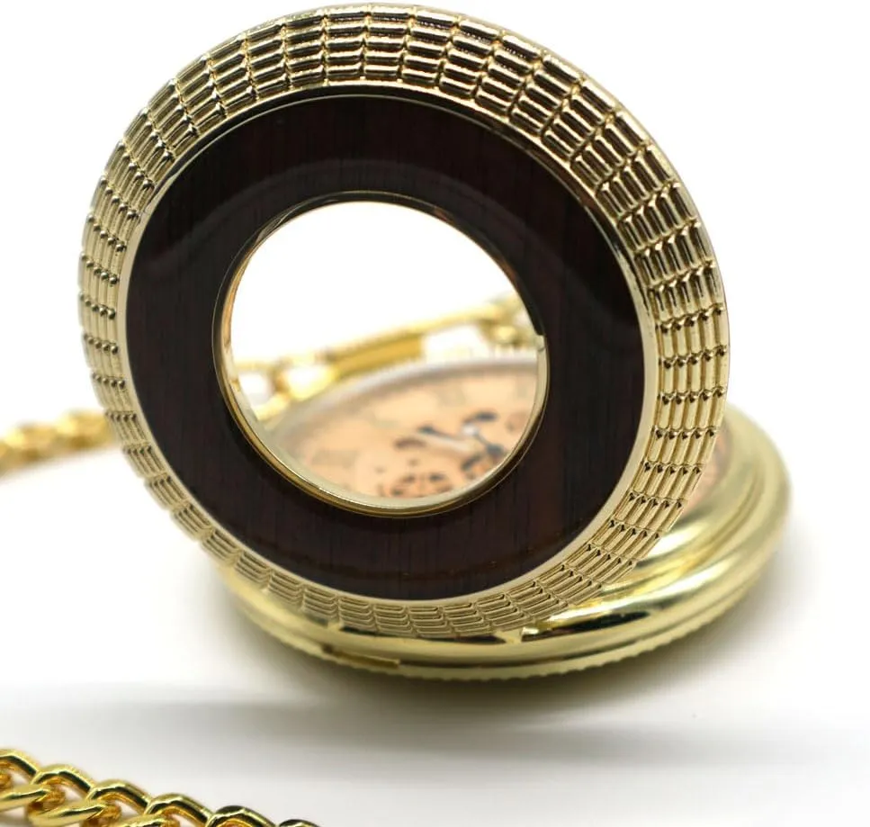 memorize unavailable substantiated Hand-Wind Mechanical Pocket Watch Vintage Steampunk Wood Grain Hollow Design with Chain and Box VIGOROSO Men's 
