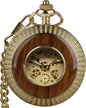 memorize unavailable substantiated Hand-Wind Mechanical Pocket Watch Vintage Steampunk Wood Grain Hollow Design with Chain and Box VIGOROSO Men's 