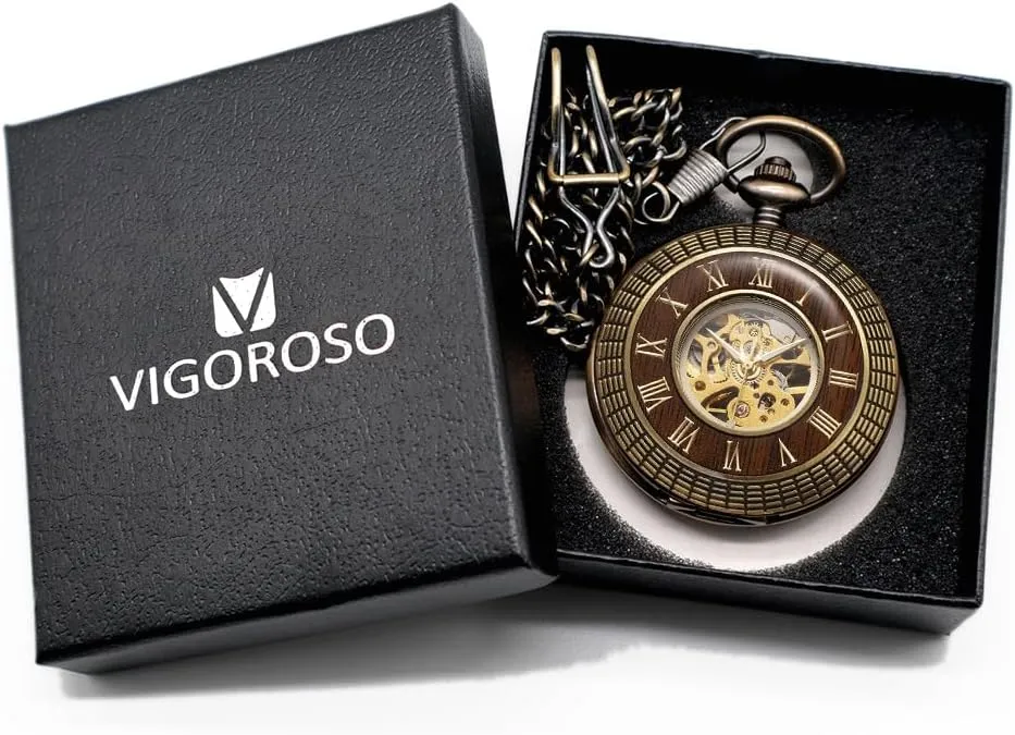 memorize unavailable substantiated Hand-Wind Mechanical Pocket Watch Vintage Steampunk Wood Grain Hollow Design with Chain and Box VIGOROSO Men's 