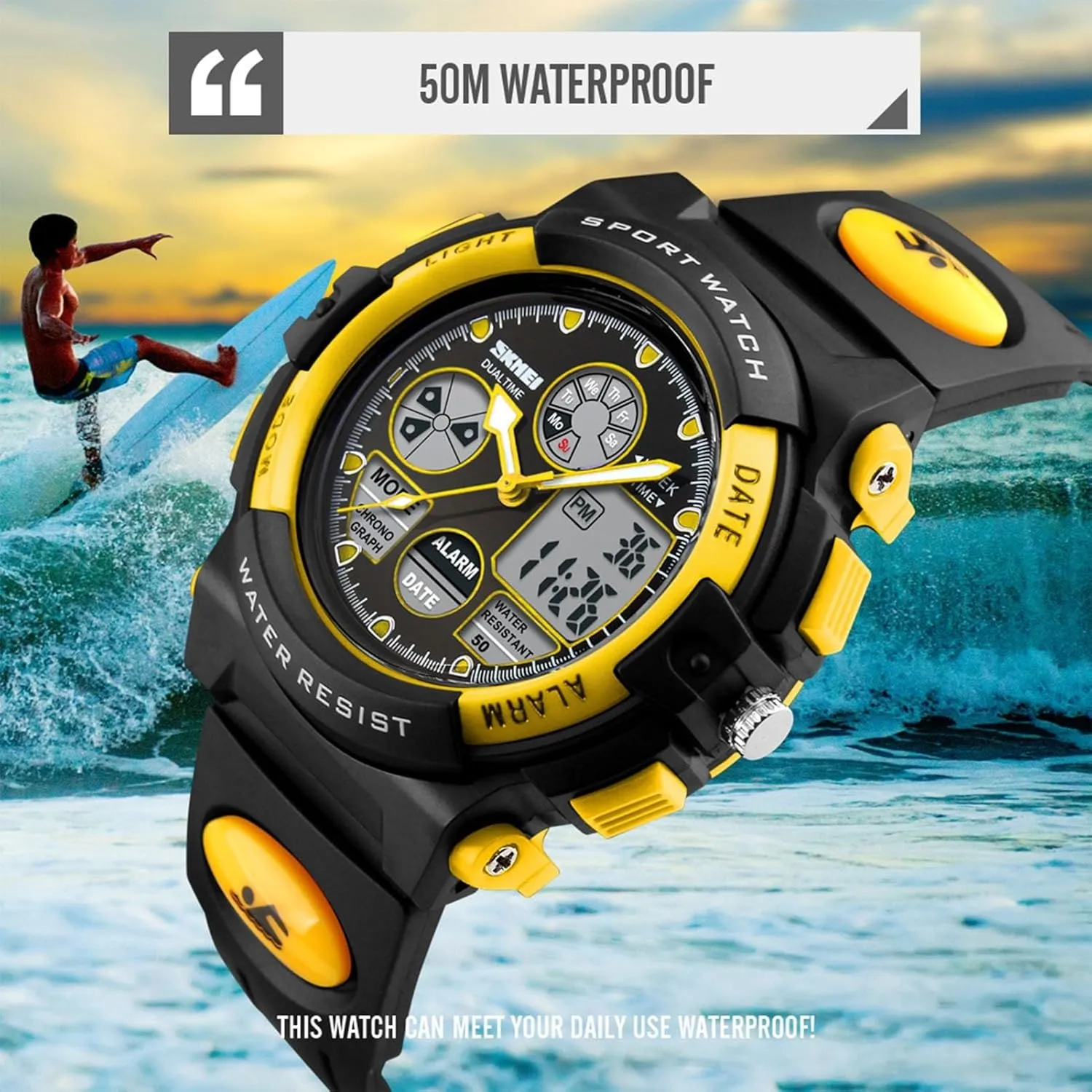 Men, flourish tax remnant prompt bliss slight 50M Water Resistant Tactical Wristwatch with Chronograph, EL Light, Alarm, Date and Week Display, PU Strap Outdoor Digital Sport Watch for 