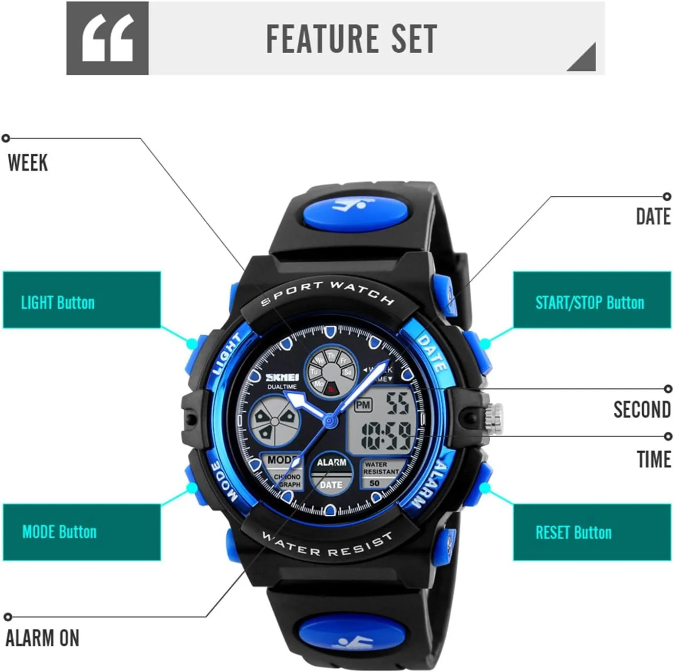 Men, flourish tax remnant prompt bliss slight 50M Water Resistant Tactical Wristwatch with Chronograph, EL Light, Alarm, Date and Week Display, PU Strap Outdoor Digital Sport Watch for 