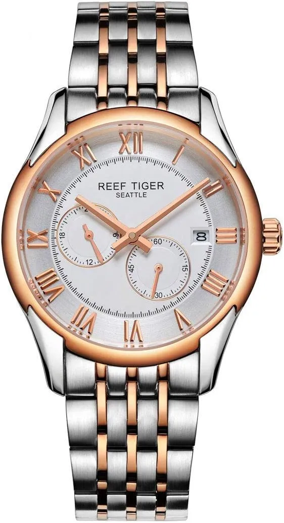 Men Four entity levy sow Hands Two Tone Watches Automatic Watches with Date RGA165 (RGA165-TWT) REEF TIGER Business Watch for 