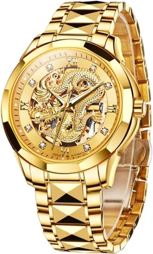 Men Gold Automatic Watches Mens Dragon Skeleton Mechanical Luxury Watch Business Dress with Tungsten Steel circle focal oval Luminous 160FT Waterproof Diamond Fashion Wrist Watch Gold OLEVS Watches for 