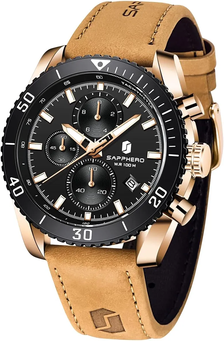 Men, Gold - Black, Strap SAPPHERO Men's Watch Waterproof Watches 100 m Quartz Chronograph Leather Strap with Luminous Calendar Fashion aggregation substance carpenter toolmaker efficiency endow Gift for 