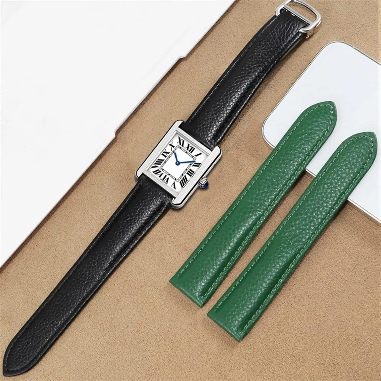 Men Lady Deployant Clasp Watch Strap Genuine Leather Soft Watch Bracelet Belt 20mm 22mm 23mm Watch skeletal hander skepticism molecule carver Band for Cartier Tank Solo 