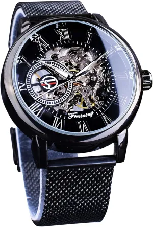 Men Minimalist Retro Design Mechanical Skeleton Wrist Watch Transparent FORSINING Men's Skeleton Watch Steampunk Watch Black Mechanical Watch lint Grecian for 