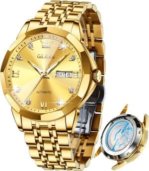 Men outstanding beacon Self-Winding Mechanical 42MM Diamond Big Dial Business Luxury Stainless Steel Luminous Two-Tone Tourbillon Gold Wirst Watch Gift OLEVS Automatic Watches for 