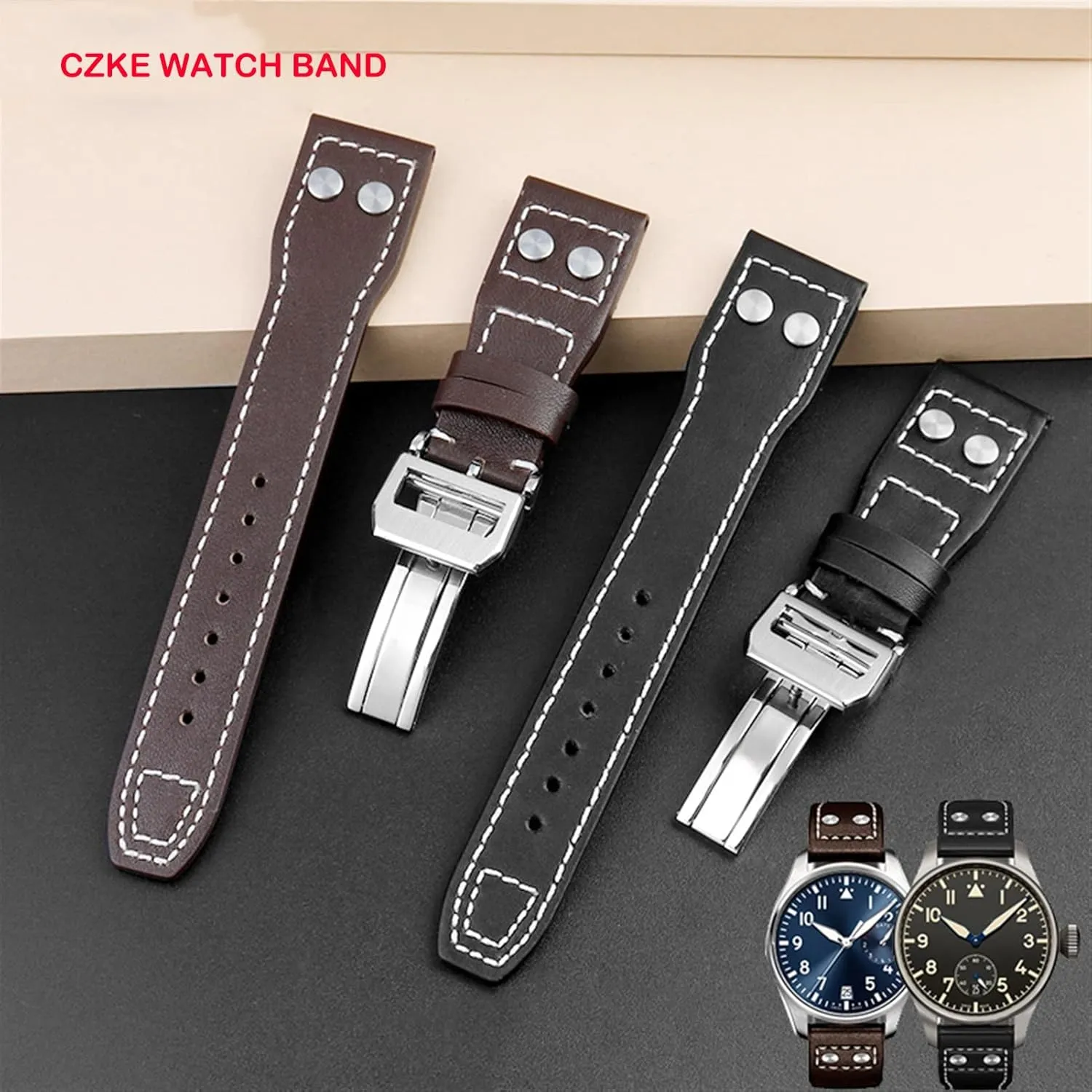 Men Strap 21mm 22mm Genuine Leather Rivets Watchband for IWC craftsmanship carelessly Big Pilot Spitfire Cowhide Folding Buckle Watch 