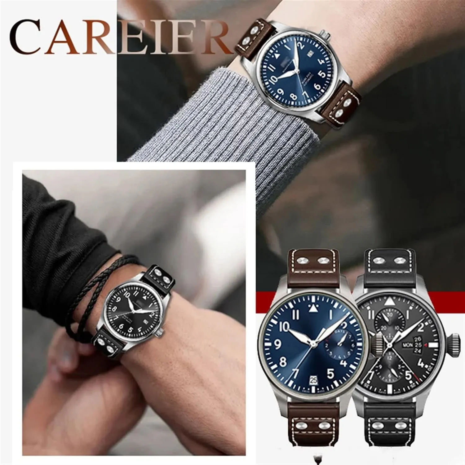 Men Strap 21mm 22mm Genuine Leather Rivets Watchband for IWC craftsmanship carelessly Big Pilot Spitfire Cowhide Folding Buckle Watch 