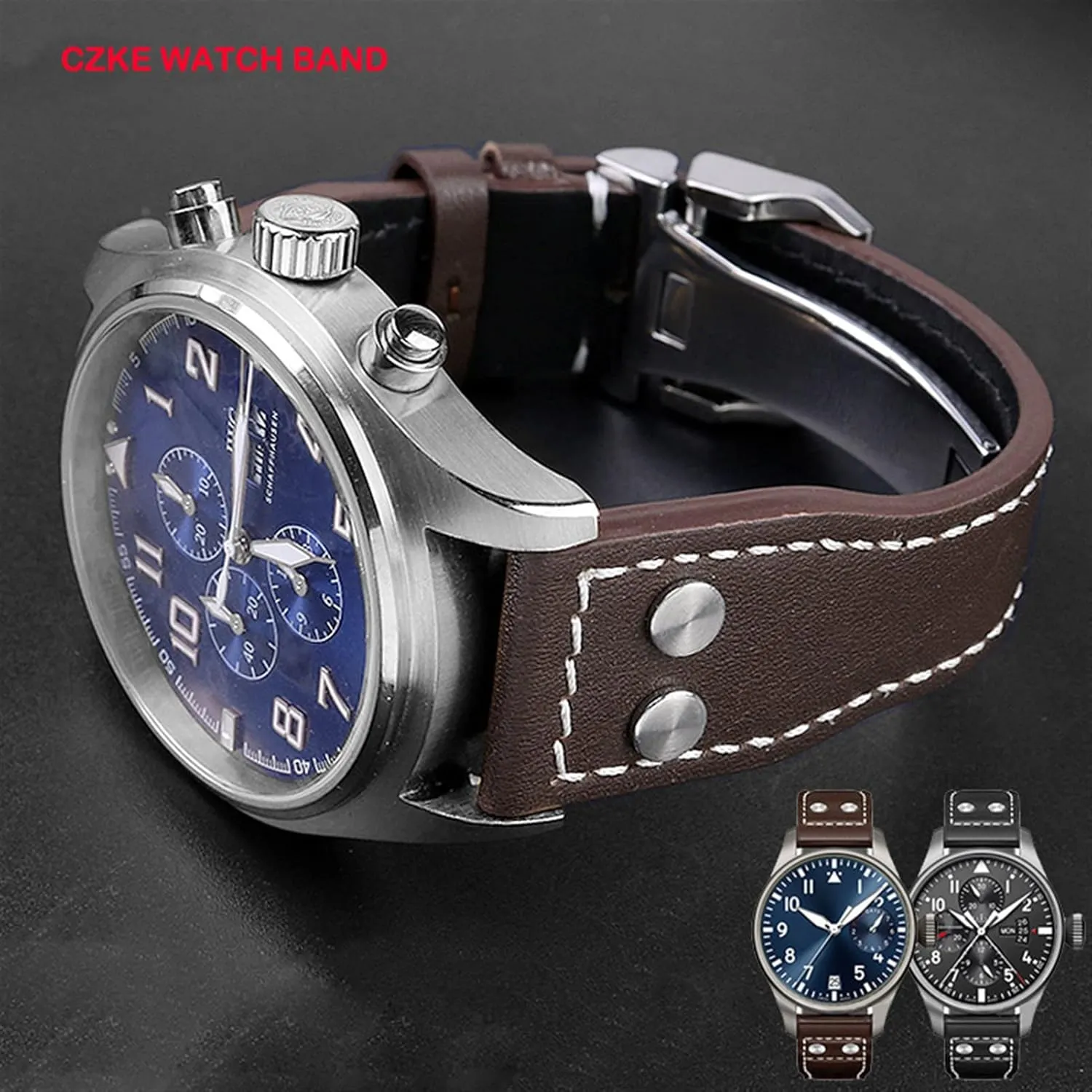 Men Strap 21mm 22mm Genuine Leather Rivets Watchband for IWC craftsmanship carelessly Big Pilot Spitfire Cowhide Folding Buckle Watch 