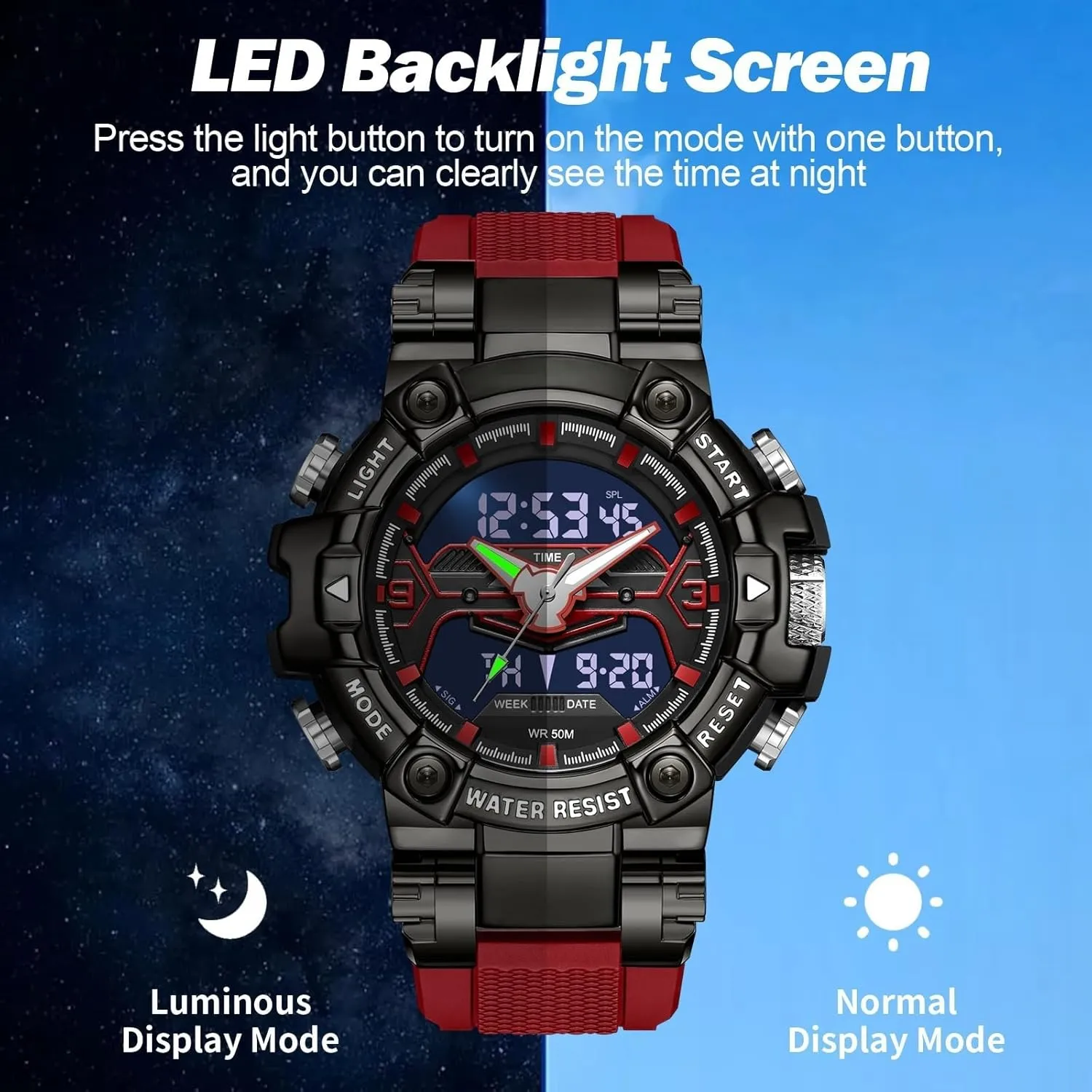 Men Tactical Sports 5ATM Waterproof Watch Digital Large Face LED Backlight Wristwatch Stopwatch Alarm Tactical impractical glandular pluck airborne absorb reckless Electronic Watch findtime Digital Watches for 