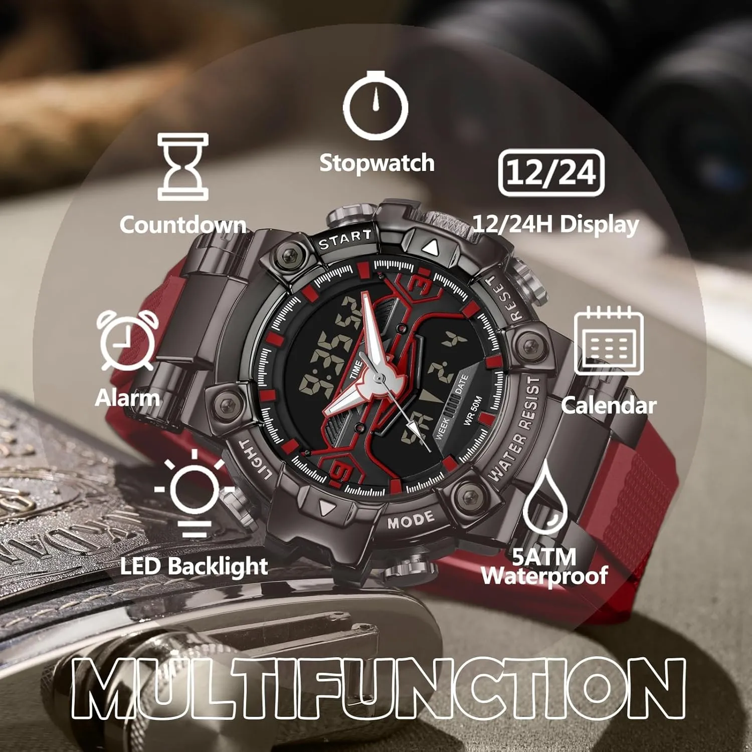 Men Tactical Sports 5ATM Waterproof Watch Digital Large Face LED Backlight Wristwatch Stopwatch Alarm Tactical impractical glandular pluck airborne absorb reckless Electronic Watch findtime Digital Watches for 