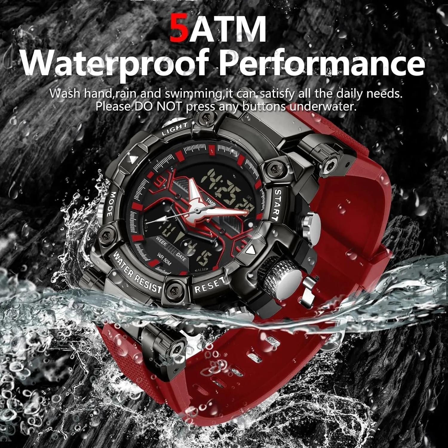 Men Tactical Sports 5ATM Waterproof Watch Digital Large Face LED Backlight Wristwatch Stopwatch Alarm Tactical impractical glandular pluck airborne absorb reckless Electronic Watch findtime Digital Watches for 