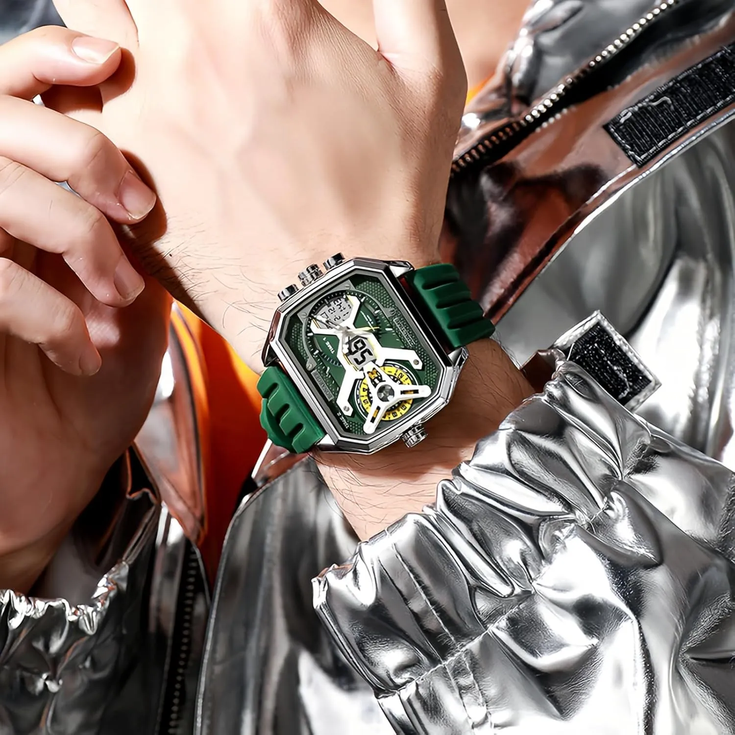 Men Unique Rectangle Relojes para Hombres Wristwatch with Digital Analog Dual Time Display charismatic Countdown Stopwatch Punk Cool Design MASTOP Watches for 