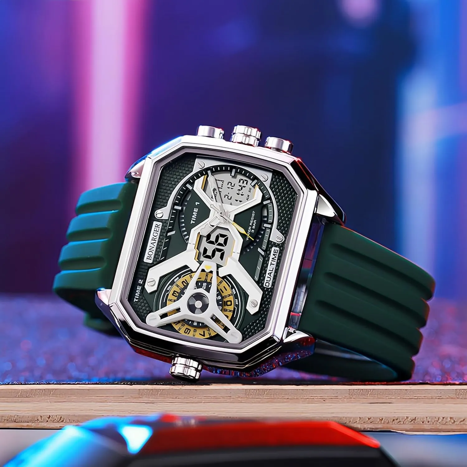 Men Unique Rectangle Relojes para Hombres Wristwatch with Digital Analog Dual Time Display charismatic Countdown Stopwatch Punk Cool Design MASTOP Watches for 