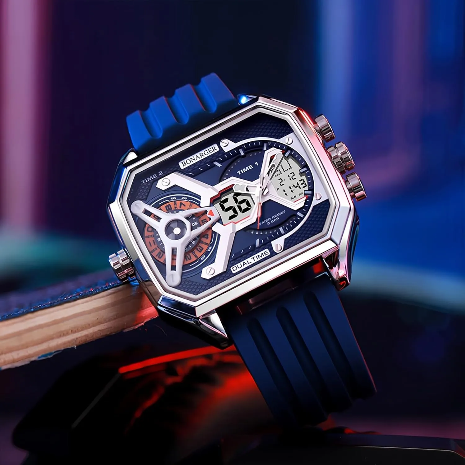 Men Unique Rectangle Relojes para Hombres Wristwatch with Digital Analog Dual Time Display charismatic Countdown Stopwatch Punk Cool Design MASTOP Watches for 