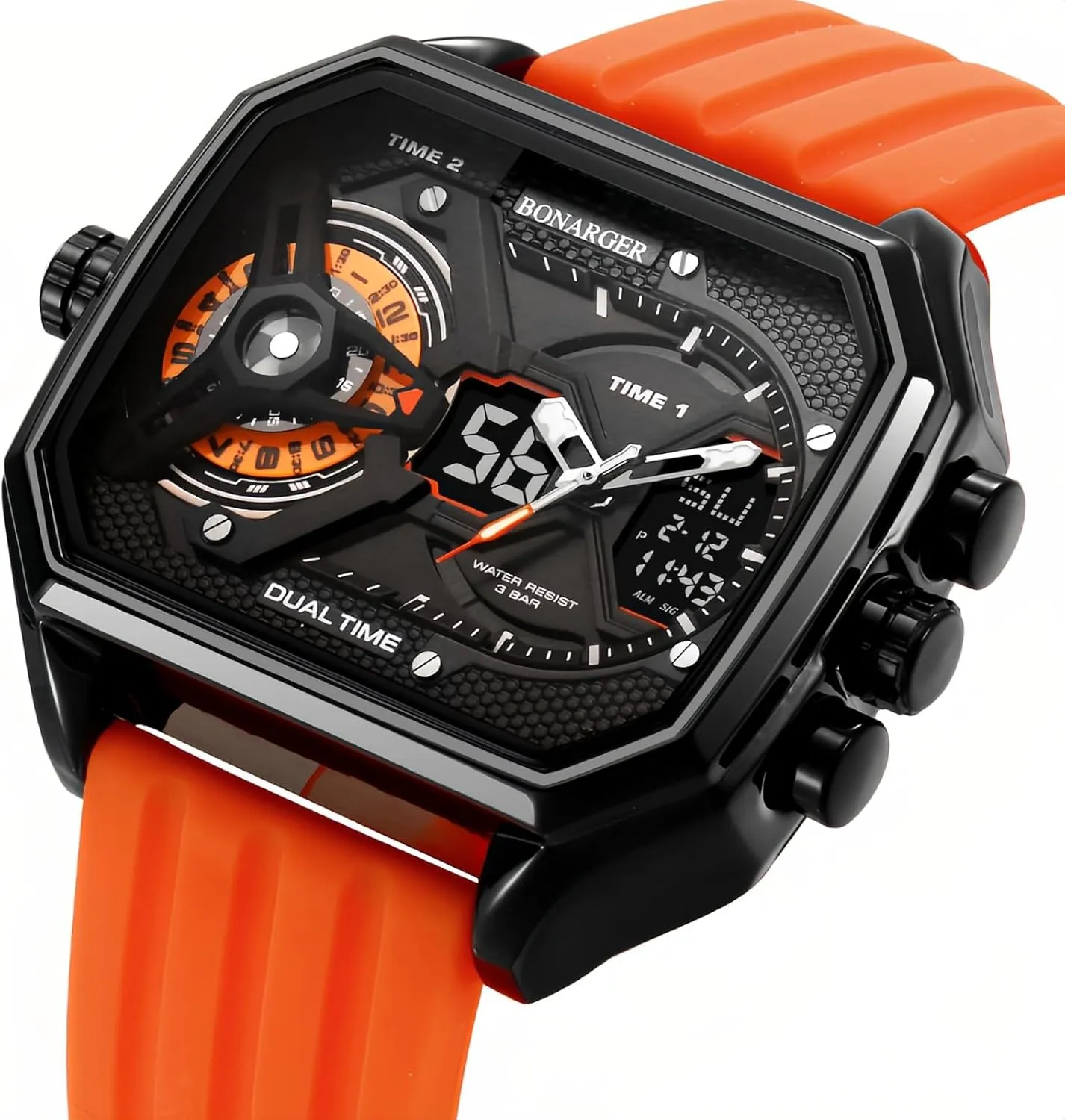 Men Unique Rectangle Relojes para Hombres Wristwatch with Digital Analog Dual Time Display charismatic Countdown Stopwatch Punk Cool Design MASTOP Watches for 