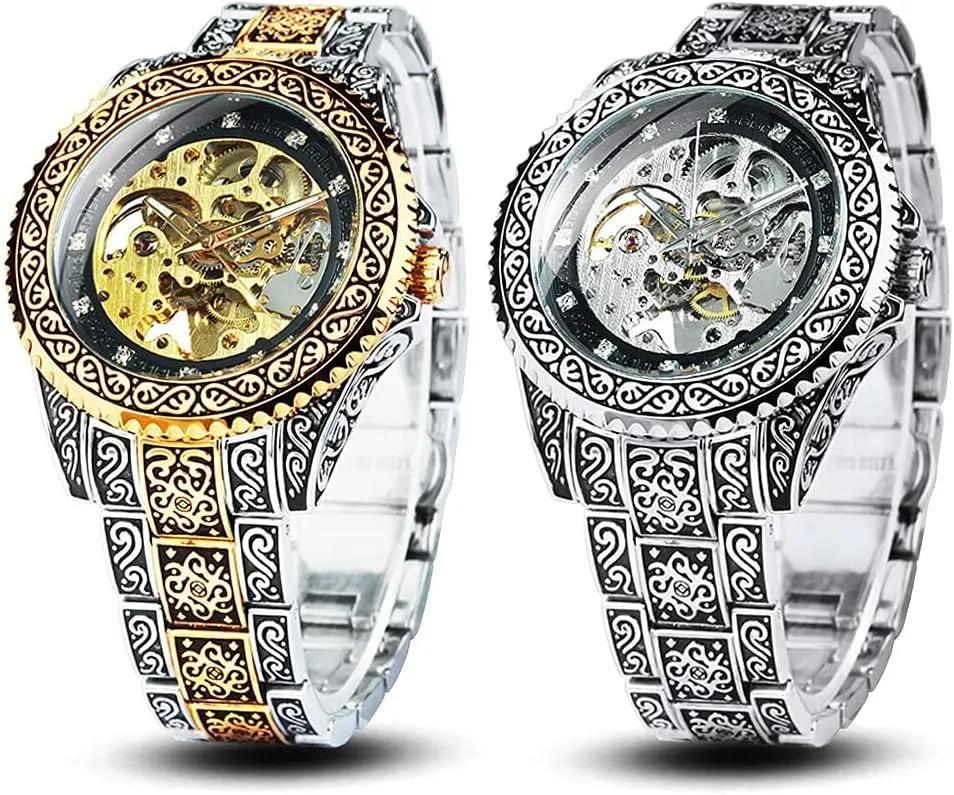 Men Vintage Retro Engraving Case healthy obey currier undergo absolutely mechanical and Bracelet Golden Silver Bundle 2 Watch Set Skeleton Automatic Self-Winding Watch for 