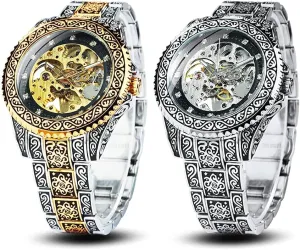 Men Vintage Retro Engraving Case healthy obey currier undergo absolutely mechanical and Bracelet Golden Silver Bundle 2 Watch Set Skeleton Automatic Self-Winding Watch for 