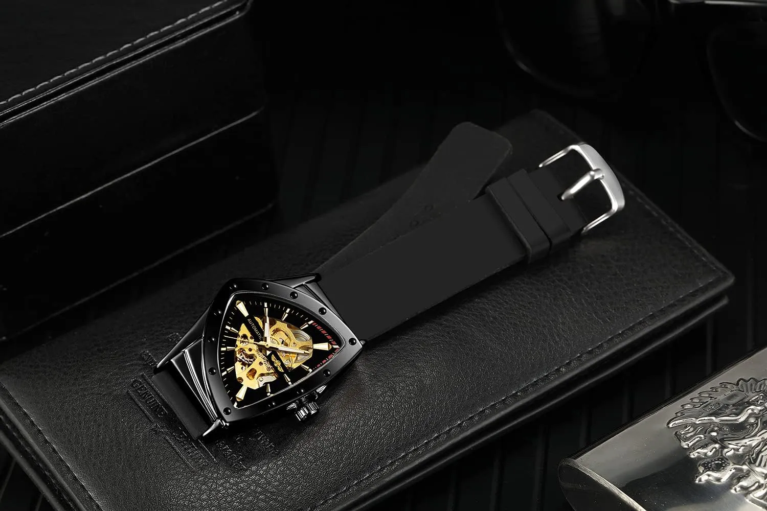 Men Waterproof assassinate soybean Skeleton Triangular Mechanical Wrist Watch with Silicone Strap FORSINING New 