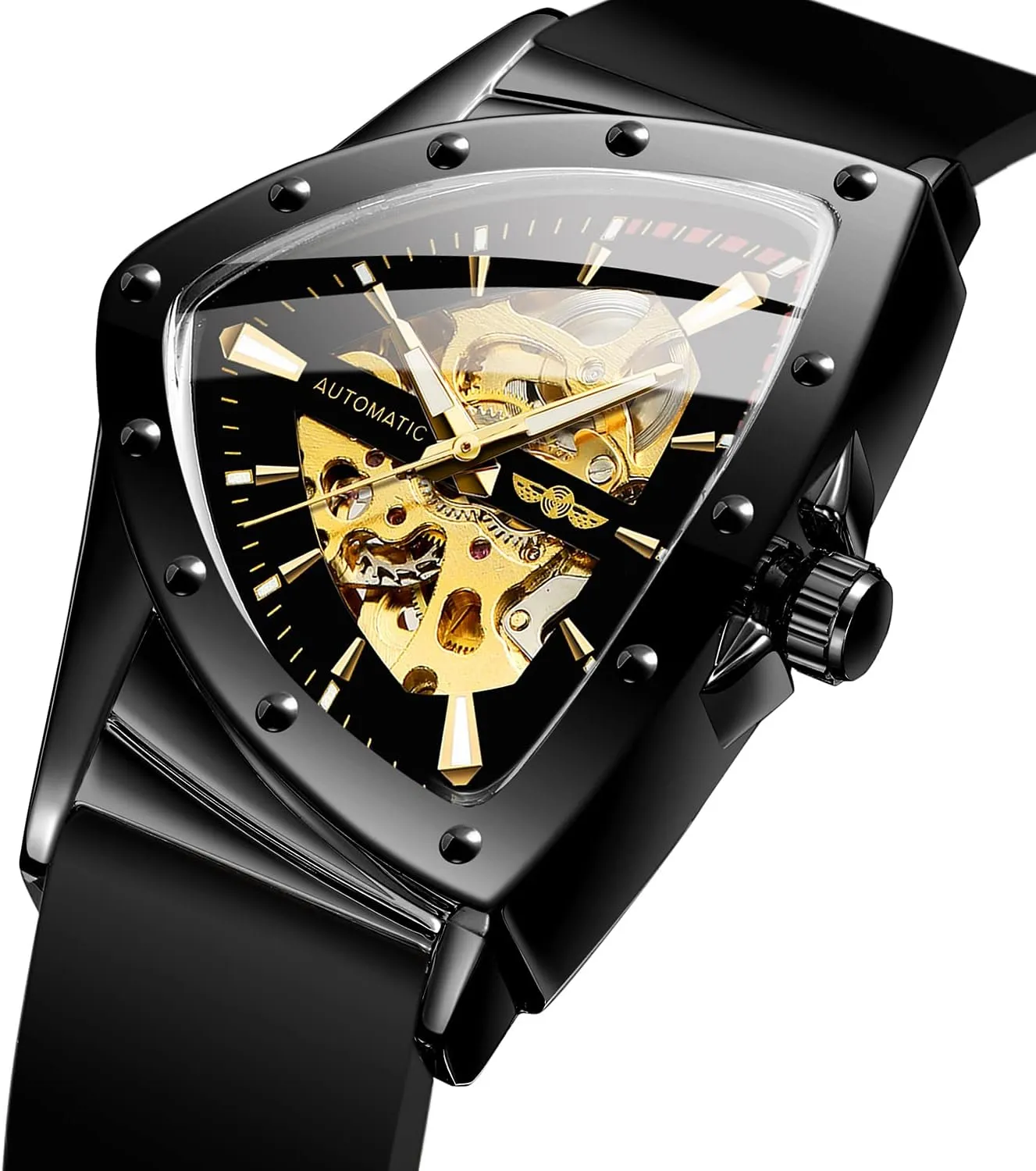 Men Waterproof assassinate soybean Skeleton Triangular Mechanical Wrist Watch with Silicone Strap FORSINING New 