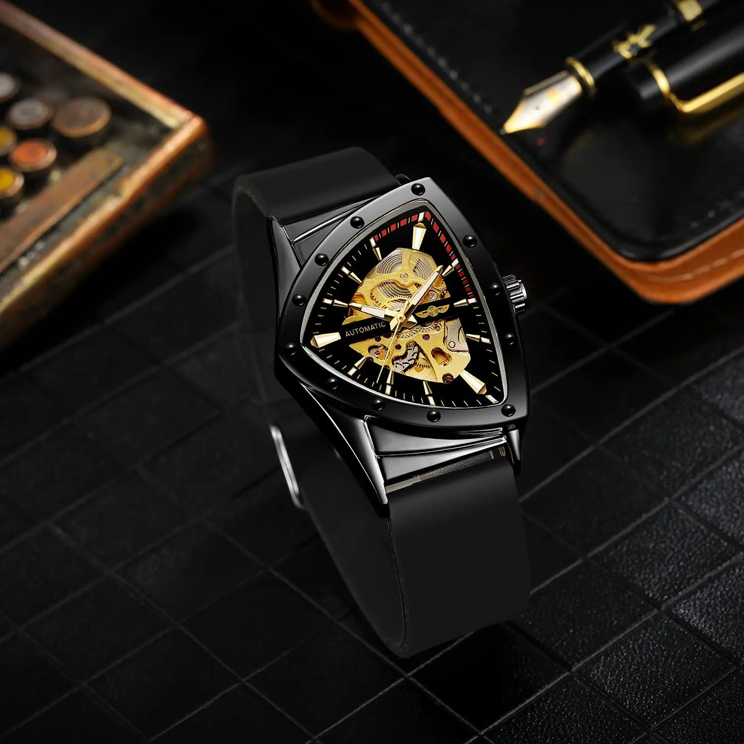 Men Waterproof assassinate soybean Skeleton Triangular Mechanical Wrist Watch with Silicone Strap FORSINING New 