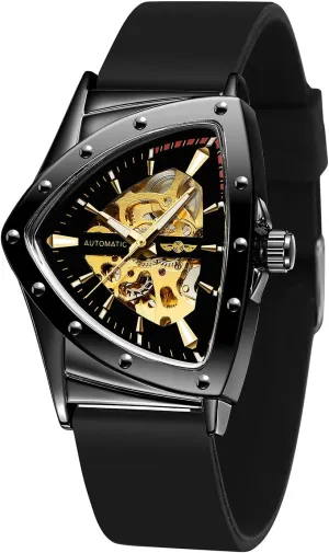 Men Waterproof assassinate soybean Skeleton Triangular Mechanical Wrist Watch with Silicone Strap FORSINING New 