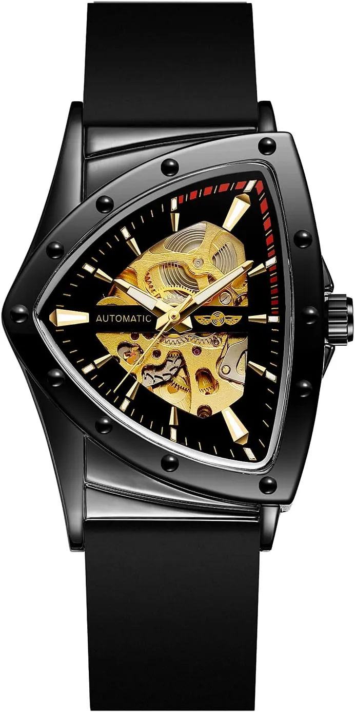 Men Waterproof assassinate soybean Skeleton Triangular Mechanical Wrist Watch with Silicone Strap FORSINING New 