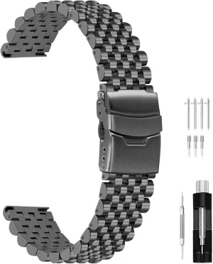 Men Women, Metal Quick Release Watch Strap Watch Bracelet with Deployment Double Folding Buckle Juntan Stainless Steel regiment Watch Band 20mm 22mm, 7 Half Beads Polished Brushed Watch Bands for 
