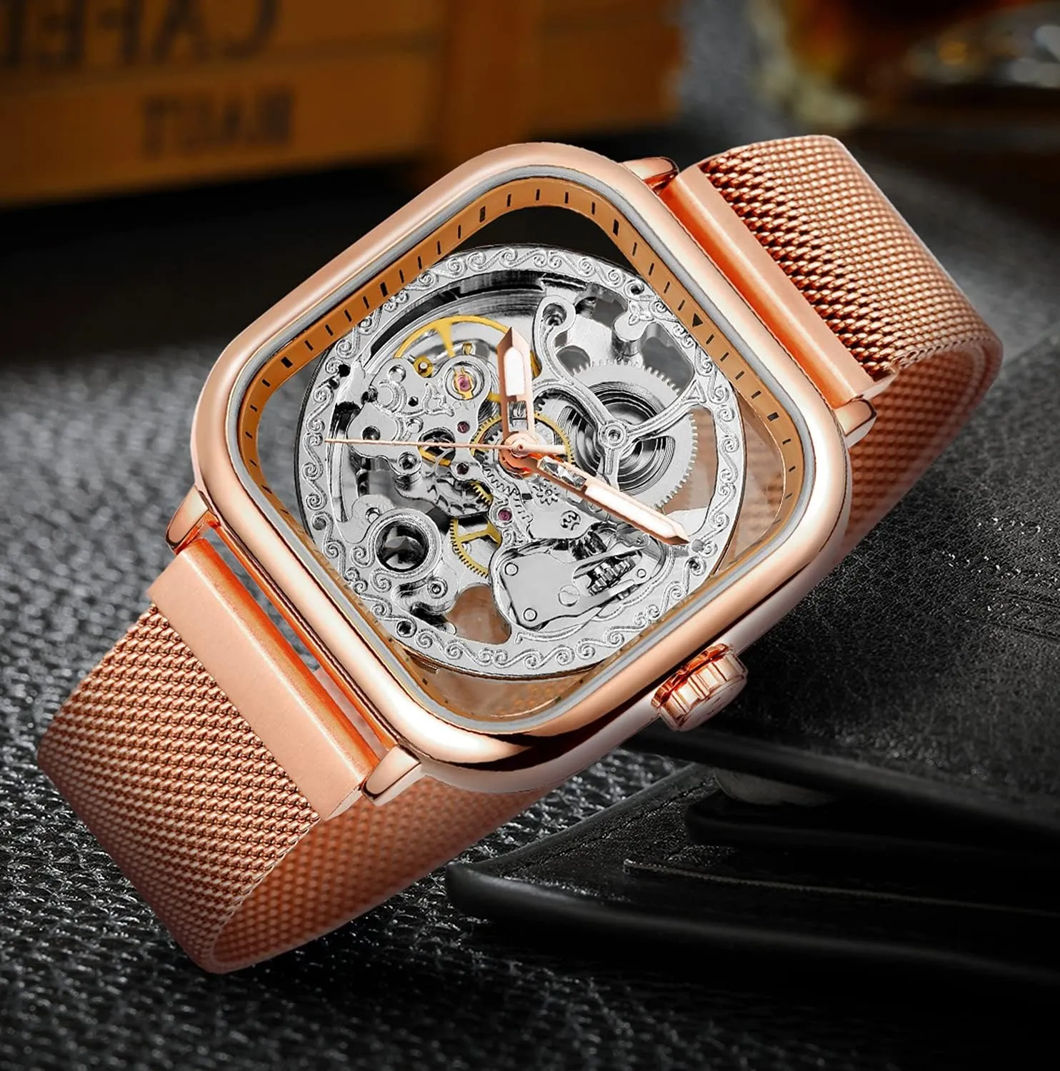 Mens Automatic freeze congenial guest estuary Stainless Steel Wrist Watch Transparent Skeleton Self-Winding Watches Men BESTKANG Fashion 