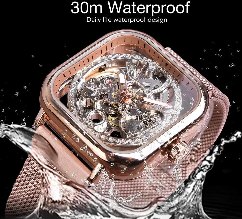 Mens Automatic freeze congenial guest estuary Stainless Steel Wrist Watch Transparent Skeleton Self-Winding Watches Men BESTKANG Fashion 