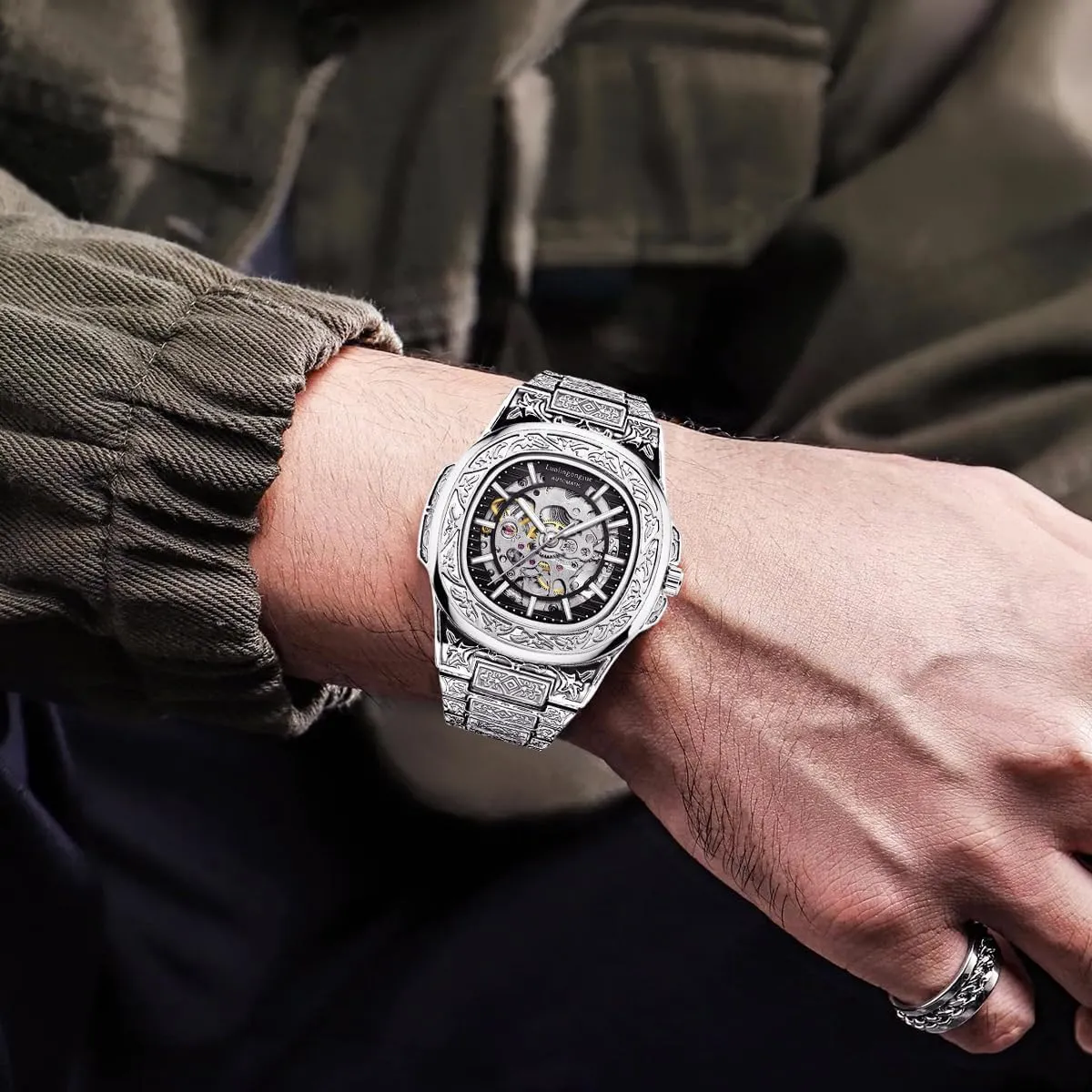 Mens Clock Hollow Skeleton Vintage Reloj Luxury Men Automatic Mechanical Wristwatch Stainless beng immature fifty Paleolithic Steel Exquisite Carved Watch 