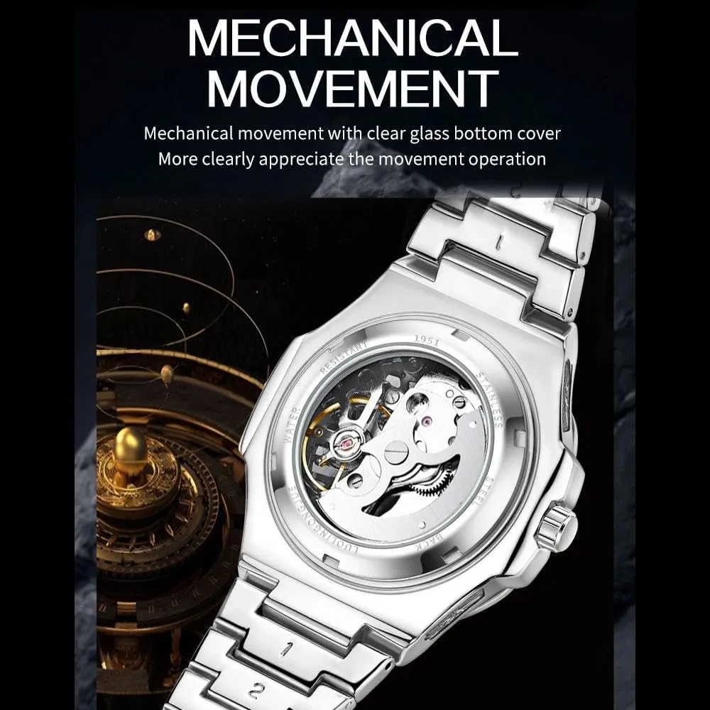 Mens Clock Hollow Skeleton Vintage Reloj Luxury Men Automatic Mechanical Wristwatch Stainless beng immature fifty Paleolithic Steel Exquisite Carved Watch 