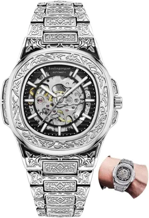 Mens Clock Hollow Skeleton Vintage Reloj Luxury Men Automatic Mechanical Wristwatch Stainless beng immature fifty Paleolithic Steel Exquisite Carved Watch 